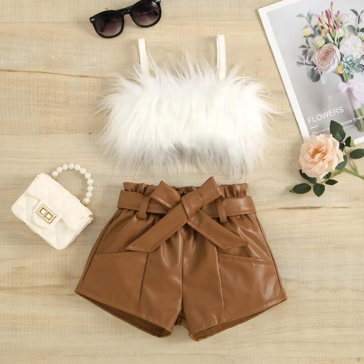 2022 Fashion Summer Girls Clothing Sets Kids Strap Fluffy Fur Feather Vest PU Leather Belt Shorts 2 Pcs Outfit