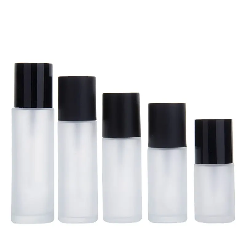 30ml Clear Frosted Liquid Foundation Package Glass Pump Bottle with Matte Black Plastic Cap