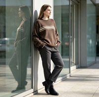 Pull à col rond rayé marron pour femme - Pull en tricot ample et doux, haut d'hiver chaud à manches longues de style vintage pour un usage quotidien décontracté