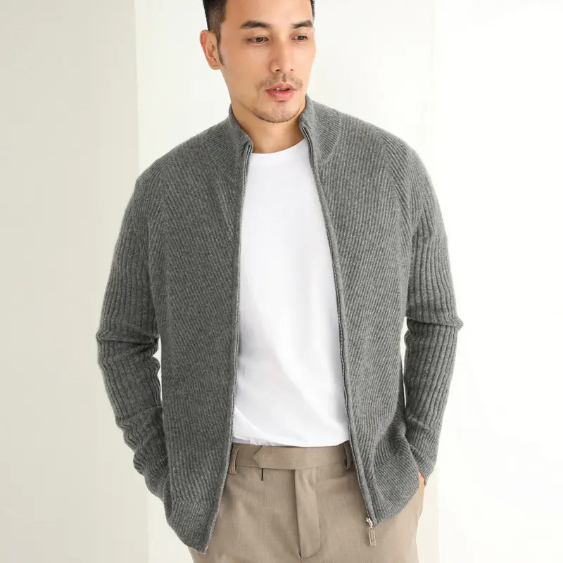 Designer Marke Mode Luxus Mock Neck Rib Strick 100 Kaschmir Full Zip Cardigan Sweater Sport bekleidung für Männer