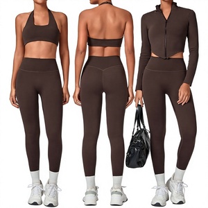 Hot Sale Halter Bra Zipper Jacket High Waist Leggings 3 Piece Women Workout Sets Sports Exercise Sets - Product Image 1