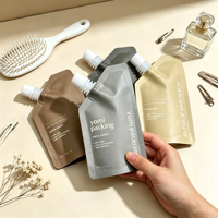 Pochette souple personnalisée avec bec verseur pour liquides (savon, shampoing, cosmétiques, gel hydroalcoolique) – Emballage Doypack avec bec verseur