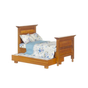 Meubles maison <span class=keywords><strong>de</strong></span> poupée 1:12 échelle noyer clair Miniature lit gigogne <span class=keywords><strong>amovible</strong></span> bleu Floral couverture avec oreiller - Product Image 2