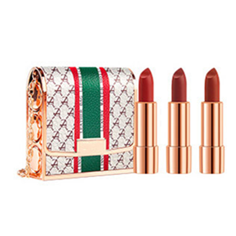 Популярная цветная кожаная губная помада в форме сумочки, Подарочная коробка, три цвета, стойкий макияж, фирменная торговая марка, водостойкая бархатная губная помада