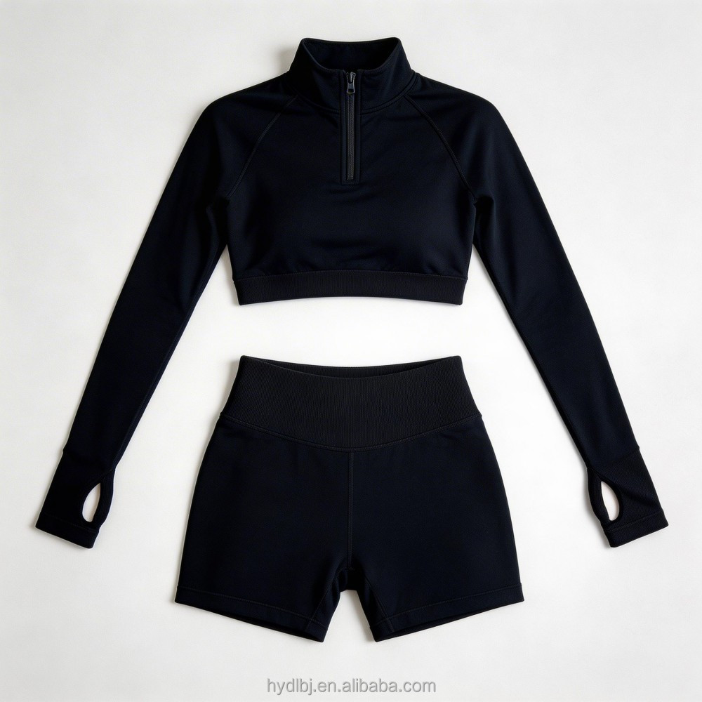 Women's Cross-border Half-zipper Long-sleeved Fitness Running Yoga Shorts Breathable Elastic Nylon Spandex Seamless Solid