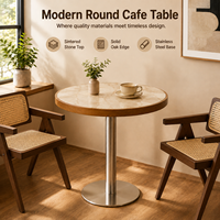 Table de café ronde en pierre frittée, bord en chêne massif, piétement en acier inoxydable, mobilier commercial minimaliste naturel pour café, OEM