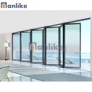 Anlike Black Accordion Bathroom Tempered Glass Accordion Aluminum Alloy Interior Bifold Folding Door With Mosquito Net