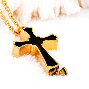 Cofanetto per Ceneri di Animali Domestici in Acciaio Inossidabile 316L Dorato Inossidabile con Smalto Nero a Croce, Gioiello Classico Ortodosso per Bambini, per Ricordo - Product Image 2
