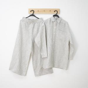 Set <span class=keywords><strong>pigiama</strong></span> in lino 100% a righe bianche personalizzate di lusso Premium per <span class=keywords><strong>uomo</strong></span> <span class=keywords><strong>camicia</strong></span> e pantaloni in puro lino leisuewear - Product Image 2