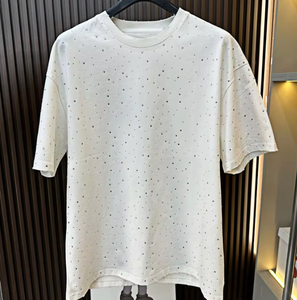 T-shirt en coton pour homme, personnalisable, uni, couleur unie, style décontracté, imprimé, design en strass, style épaules tombantes - Product Image 3