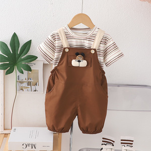 Traje de manga corta con tirantes de dibujos animados para niños de dos piezas de verano a rayas finas informales para niños nuevos - Product Image 2