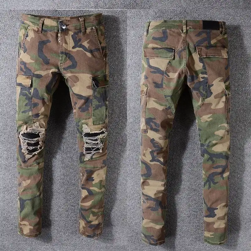 New Italy Style Men's jeans patch Cargo Pockets ripped Pants Camouflage stacked jeans pants for men