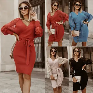 Encaje de punto contraste vestido de otoño e invierno de talla grande para mujer de corte Slim de manga larga de calidad abrigo y corbata V NeckSweater vestido