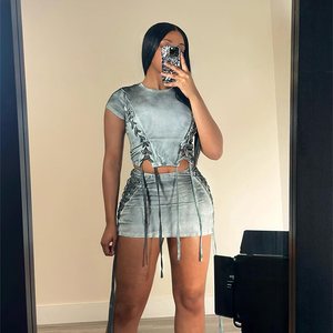 Conjunto de dos piezas acanalado degradado respetuoso con el medio ambiente para mujer de verano <span class=keywords><strong>Miss</strong></span> Pink Lace-up Tees Hip Skirt Natural Matching Outfit para niñas - Product Image 2