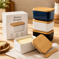 Conteneur de stockage alimentaire en céramique de 350 ml avec couvercle en bambou naturel, réutilisable, hermétique, boîte de rangement pour la cuisine, boîte organisatrice pour le beurre et le fromage