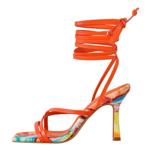 Sandales à talons hauts pour femme, grande taille 46, imprimé multicolore, bout ouvert, à bride cheville, à lacets croisés, coupe large - Product Image 1