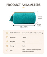 Pochette de maquillage de luxe en velours matelassé avec logo personnalisé, grande capacité, pochette de voyage avec pompon, doublure en satin, trousse de toilette