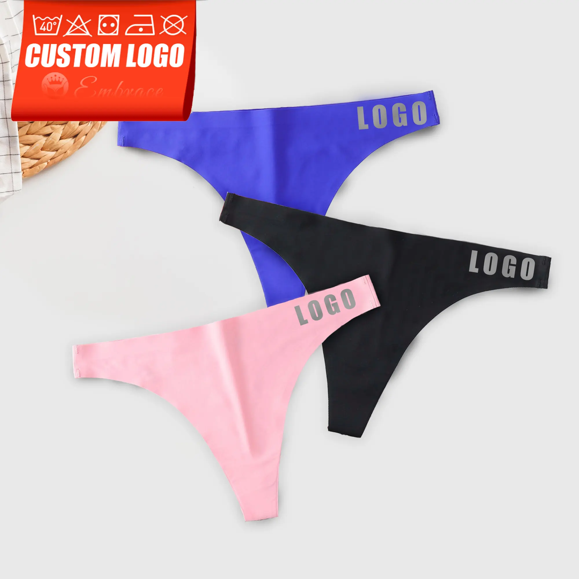 OEM Logo Print T Back Traceless Custom Huruf Desainer Potongan Tinggi Pakaian Dalam Pink Celana Wanita Seksi Tanga Seamless Spandex Thong