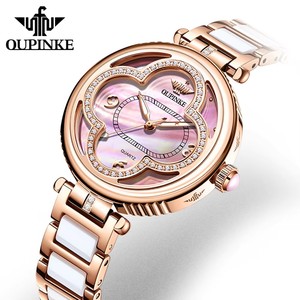 Montre femme OUPINKE 3272 élégante en or rose avec bracelet en céramique, double face, mouvement quartz japonais, montres de luxe pour femmes. - Product Image 1
