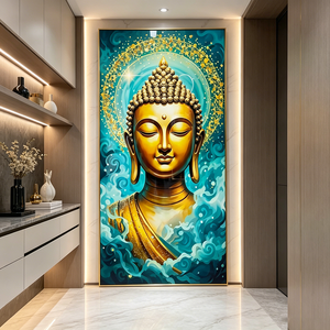 Wholesale <b>Framed</b> Glitter Wall Art Golden Buddha Head Teal Cloud Zen Religious HD Print Crystal Porcelain Painting for Home Decor - Product Image 1