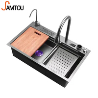 Fregadero de cocina évier de cuisine multifonction noir en acier inoxydable, bol unique cascade avec porte-couteau