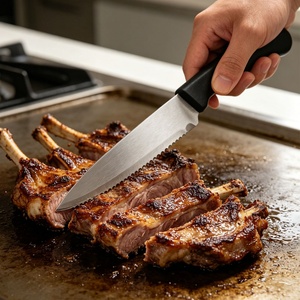 Cuchillo para carne de acero inoxidable 2Cr personalizado, pulido a espejo, con mango de plástico dentado, para restaurante, hotel, cocina, venta al por mayor - Product Image 2