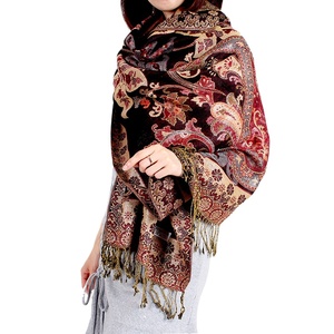 Bufanda larga de estilo étnico para mujer, chal de <span class=keywords><strong>flores</strong></span> de anacardo dorado púrpura retro con borlas con patrones de hojas y puntos - Product Image 5