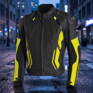 Veste de moto pour homme, noire et jaune fluo, avec blocs de couleur, col montant, fermeture éclair, coupe-vent, style motard - Product Image 2