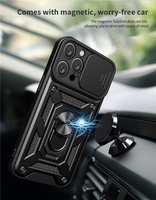Nouveaux accessoires pour iPhone 16 15 14 13 12 11 Pro Max : Coque avec anneau métallique 360° et béquille, protection coulissante pour objectif d'appareil photo