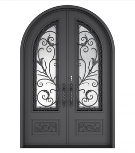 Porta d'Ingresso Principale in Ferro Battuto di Lusso Personalizzata NFRC, Design a <span class=keywords><strong>Doppia</strong></span> <span class=keywords><strong>Anta</strong></span> con Finestra Circolare Superiore - Product Image 3