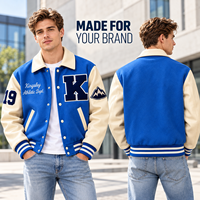 Blouson universitaire personnalisé pour homme en cuir et laine bleu roi avec logo brodé sur le devant, patch en lettres chenille, OEM ODM Marque Privée