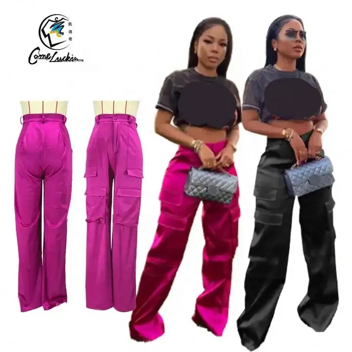 Fashion Cargo Baggy Pants Women Streetwear Pockets Straight High Waist Casual Vintage Metallic Trousers Pants For Ladies