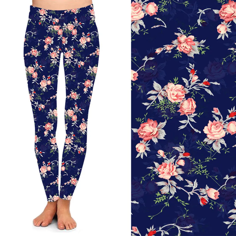 Leggings florais, lado duplo escovado leite seda 92% poliéster 8% spandex azul marinho