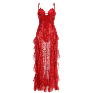 الأحمر ، للنساء ، الصيف الفاخر ، حزام السباغيتي الجديد ، فستان ماكسي مثير ، كشكش ، شق Hgh ، المشاهير ، ملابس حفلات النادي - Product Image 1