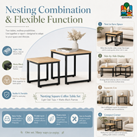 Juego de Mesas Auxiliares Cuadradas con Superficie de Madera y Estructura de Metal Negro, Dos Mesas, Mesa de Centro Minimalista para Sala de Estar