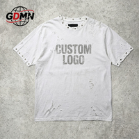 T-shirt Homme Vintage Effet Vieilli Déchiré avec Col à Rivets et Œillets, Imprimé Lettres Usées, Coupe Oversize, Style Streetwear, Logo Personnalisé OEM
