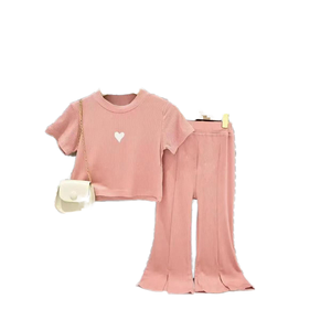 Conjunto de Verano para Niña, Chaqueta Corta con Estampado de Amor y Pantalones Anchos con Abertura, <span class=keywords><strong>Ropa</strong></span> Infantil Transpirable de Color Sólido - Product Image 6