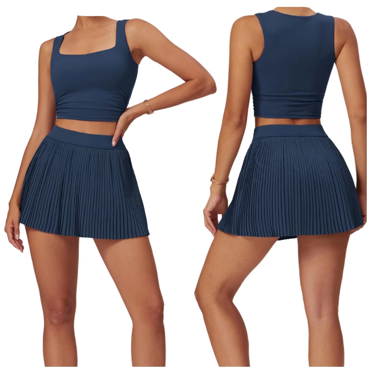 Yoga Set Solid Nude Sports Vest Shorts Tight High Elastic Breathable Eco-Friendly Gym Wear Women's 2-Piece Set Tennis Skirt