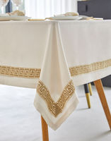 Ensemble de linge de table 2410H avec nappe, serviettes et anneaux de serviette à bordure dorée motif clé grecque pour la salle à manger et les mariages