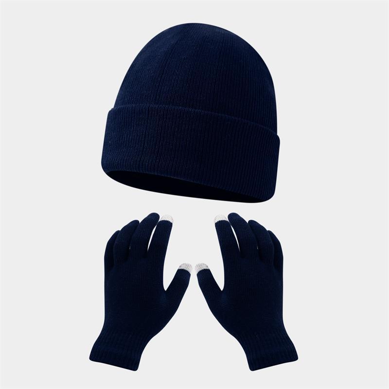Autumn and winter warm gloves hat suit-[navy blue]]