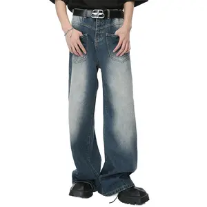 Calça jeans 100% algodão reversa masculina personalizada, com bolso reverso, azul desbotado, lavada, calças largas soltas, grosso, premium, confortável e fashion