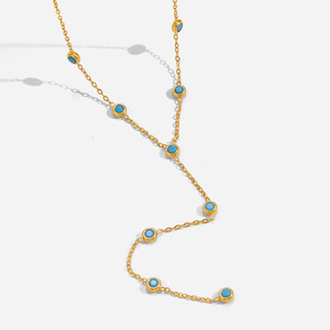Collier en acier inoxydable plaqué or 18 carats avec turquoise, chaîne en Y, serti clos, style classique, bijou cadeau - Product Image 1