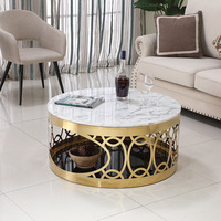 Meubles de salon de luxe, table basse ronde dorée, pieds en acier inoxydable moderne, plateau en verre noir marbré, ensembles de tables basses