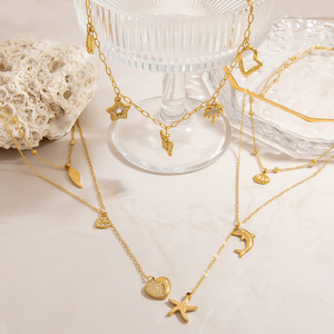 Collier superposé en or avec pendentif étoile et lune serti clos, ras-de-cou multicouche, idéal pour un cadeau, bijoux de mode - Product Image 2
