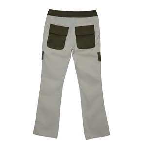 Pantalon cargo en nylon gris clair pour homme, poches vert olive, bandes latérales, taille élastique avec cordon de serrage, jambe évasée, pantalon décontracté ample - Product Image 4