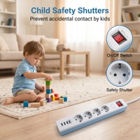 Multiprise REACH EU avec protection contre les surtensions, 5 prises, 3 USB-A, 1 USB-C, 16A, usage commercial pour bureau, 1,5m, IP20