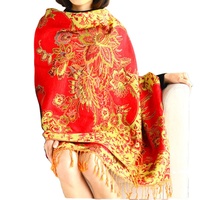 Syal Wanita Katun Kain Jacquard Bunga Merah Wanita Syal Kashmiri untuk Musim Dingin Wanita