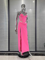 Robe bustier rose chic transfrontalière à décolleté plongeant, taille cintrée et fente, style européen et américain, robe de soirée bandage