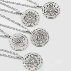 Fine jewelry hot selling stainless steel lotus seven-wheel pendant necklace ancient Indian yoga mandala om necklace wholesale