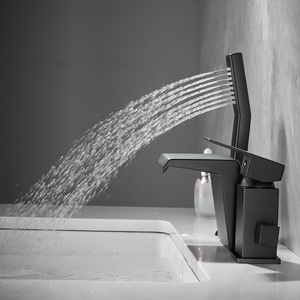 Juego de grifo de lavabo negro cromado de 3 agujeros moderno Bañera de masaje con salida de <span class=keywords><strong>cascada</strong></span> dividida con función de frío caliente de tres piezas - Product Image 4